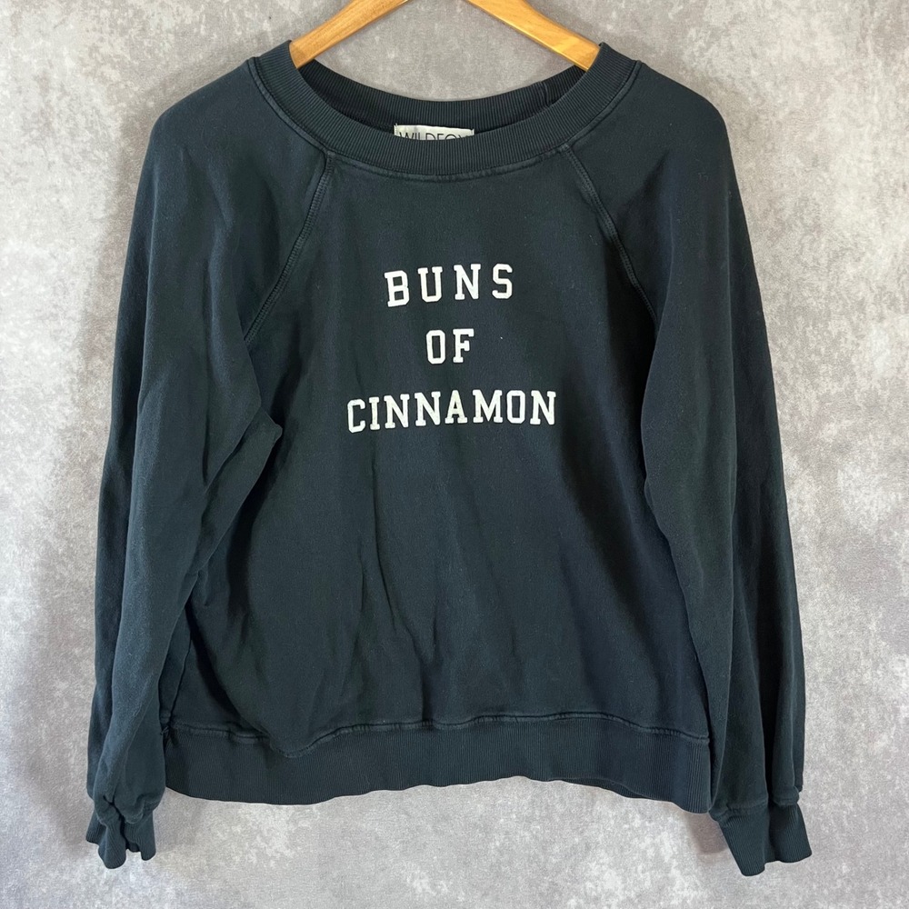 Wildfox Sweatshirt Womens Small Black Buns of Cinnamon Graphic Raglan Pullover